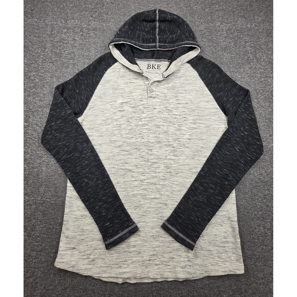 BKE Men's Size L Hooded Henley Thermal Shirt Waffle Knit Pullover Hoodie Gray